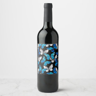Etiqueta Para Botella De Vino Patrón oscuro sin costuras con mariposas azules Mo