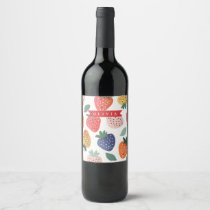 Etiqueta Para Botella De Vino Patrón Personalizado de Fresa Colorido de Verano
