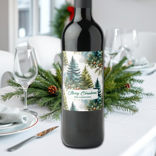 Etiqueta Para Botella De Vino Patrón Pino de color de agua Elegante Invierno