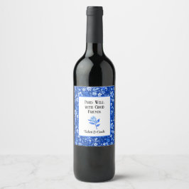 Etiqueta Para Botella De Vino Patrón tropical azul cobalto, flor protectora