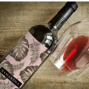 Etiqueta Para Botella De Vino Patrón y nombre de hojas de palma rosadas y dorada