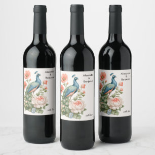 Etiqueta Para Botella De Vino Pavo real botánico vintage de boda Mesa elegante