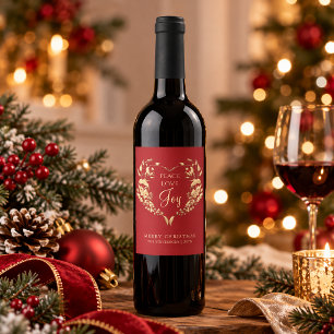 Etiqueta Para Botella De Vino Paz Amor Alegría Rojo Oro Navidad