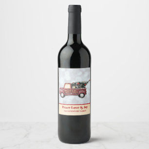 Etiqueta Para Botella De Vino Paz Amor y Alegría Camión de Juguetes Feliz Navida