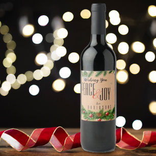 Etiqueta Para Botella De Vino Paz Y Alegría Marrón Rústico Rojo Bayas Navidad