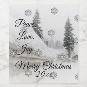 Etiqueta Para Botella De Vino Peace Love Joy Navidades negros y blancos de nev
