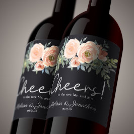Etiqueta Para Botella De Vino Peach Green Navy Pastel Floral Wedding Wine Label
