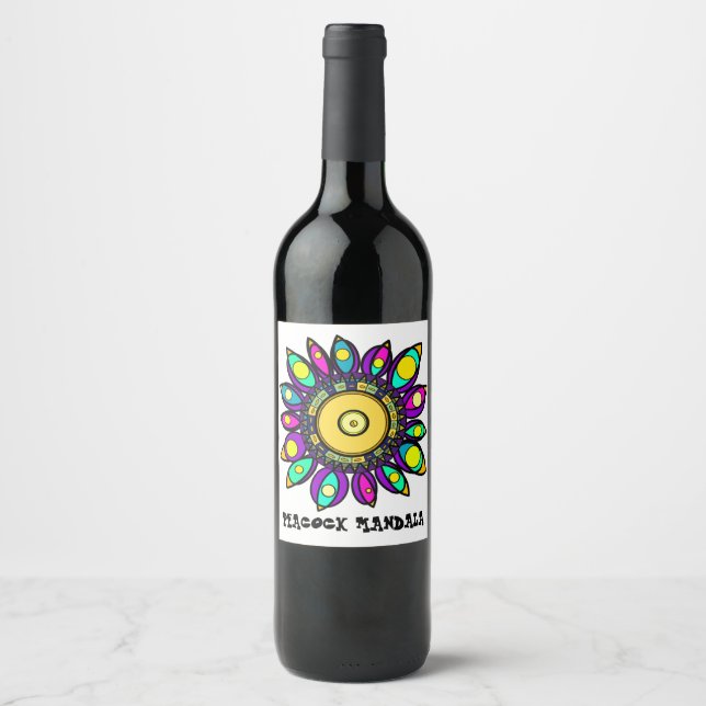 ETIQUETA PARA BOTELLA DE VINO PEACOCK MANDALA (Anverso)
