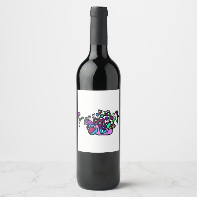 Etiqueta Para Botella De Vino Peacock purple roses  (Anverso)