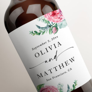 Etiqueta Para Botella De Vino peonías acuarelas. Elegante boda floral de boho