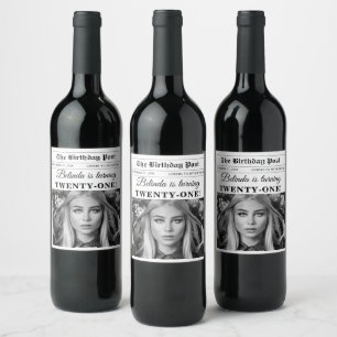 Etiqueta Para Botella De Vino Periódico de Cumpleaños Diversión Foto en Blanco y