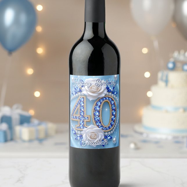 Etiqueta Para Botella De Vino Perlas de diamantes azules y rosa blanca 40 cumple (Subido por el creador)