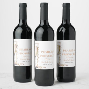Etiqueta Para Botella De Vino Perlas de oro elegantes y ducha de novia Prosecco