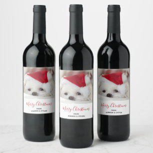Etiqueta Para Botella De Vino Perro blanco lindo en un Gorra de Navidades rojos