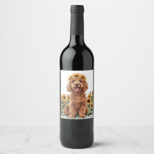 Etiqueta Para Botella De Vino Perro De Goldendoodle Con Una Corona De Girasol