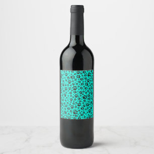 Etiqueta Para Botella De Vino Perro Paws Black and White Polka Dot en cian vivo