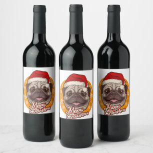 Etiqueta Para Botella De Vino Perro Pug Lindo Sombrero De Santa Con Copos De Nie