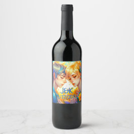 Etiqueta Para Botella De Vino Personalizado Anime Boy y Chica Pareja Floral