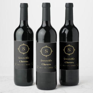Etiqueta Para Botella De Vino Personalizado Cheque Nombre Monograma Oro Negro