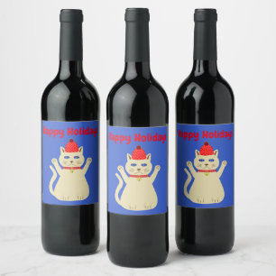 Etiqueta Para Botella De Vino Personalizado de gatos de Navidades curados