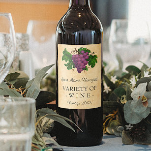 Etiqueta Para Botella De Vino Personalizado de uvas púrpura de época elegante de