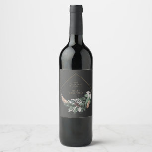 Etiqueta Para Botella De Vino Personalizado Elegante Black Merry Christmas Wreat