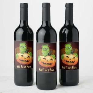 Etiqueta Para Botella De Vino Personalizado Frankenstein con Calabaza