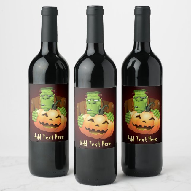 Etiqueta Para Botella De Vino Personalizado Frankenstein con Calabaza (Botellas)