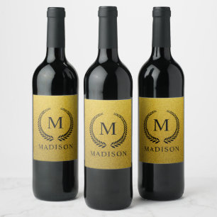 Etiqueta Para Botella De Vino Personalizado Monograma Negro y Dorado con Brillo