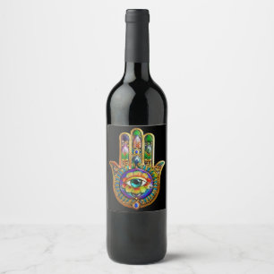 Etiqueta Para Botella De Vino Pétalos de Flor Coloridos Tercer Ojo Hamsa Turques