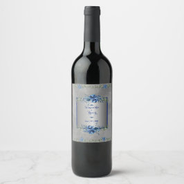 Etiqueta Para Botella De Vino Pétalos metálicos plateados y azules