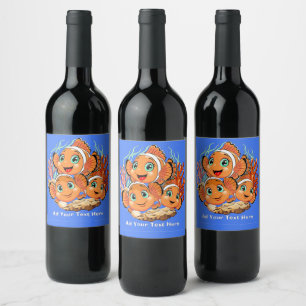 Etiqueta Para Botella De Vino Pez payaso Dibujo animado lindo Familia Subacuátic