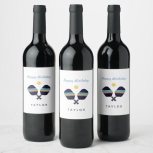 Etiqueta Para Botella De Vino Pickleball Fiesta Sports Dark Blue Striped Paddles