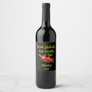 Etiqueta Para Botella De Vino Piense global la etiqueta del vino del colibrí de