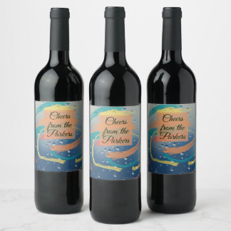 Etiqueta Para Botella De Vino Pinceladas de turquesa, naranja, amarillo y coral