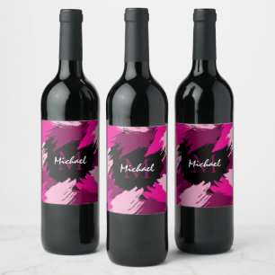 Etiqueta Para Botella De Vino Pinceladas tonos de rosa intenso nombre con monogr