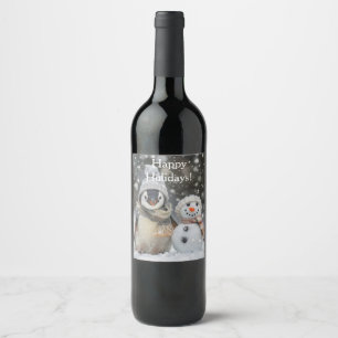 Etiqueta Para Botella De Vino Pingüino lindo con tema de invierno de snowman