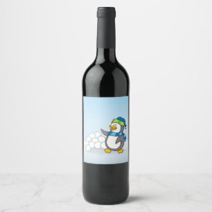 Etiqueta Para Botella De Vino Pingüino pequeño con bolas de nieve ondeando