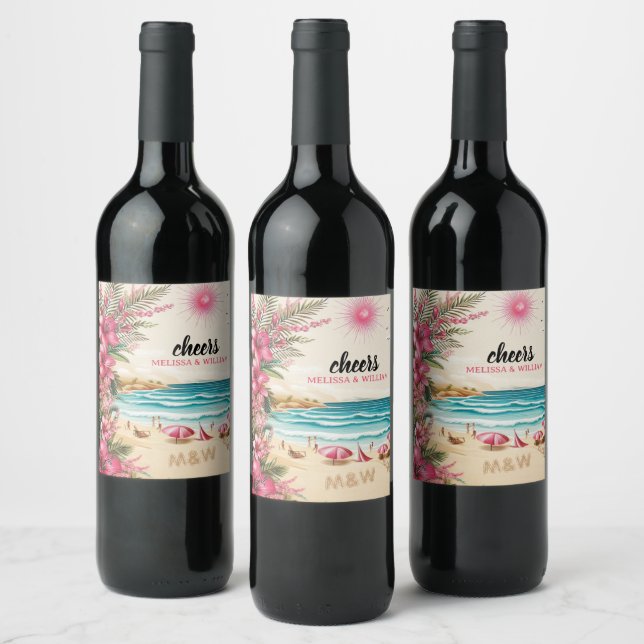 Etiqueta Para Botella De Vino Pink Beach Wedding Shower (Botellas)