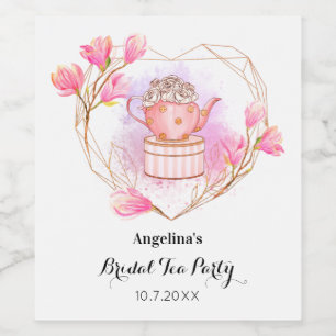 Etiqueta Para Botella De Vino Pink Bridal Shower Tea Fiesta Rosa Watercolor Oro