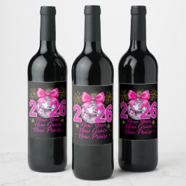 Etiqueta Para Botella De Vino Pink Disco Ball 2026 with Fireworks and Praise