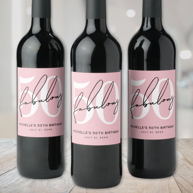 Etiqueta Para Botella De Vino Pink Fifty 50th Birthday (Fifty And Fabulous Blush Pink 50th Birthday Wine Label )