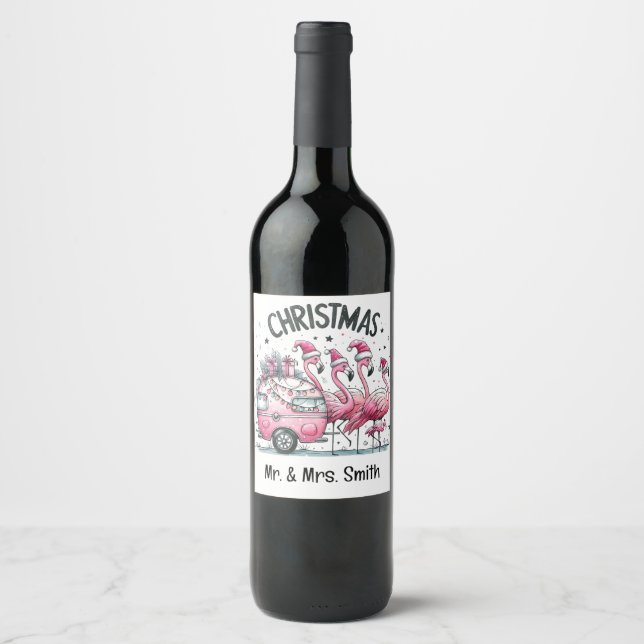 Etiqueta Para Botella De Vino Pink Flamingo Christmas (Anverso)
