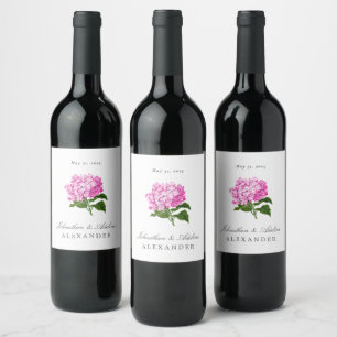 Etiqueta Para Botella De Vino Pink Hydrangea Boda Fecha y nombres