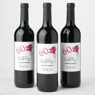 Etiqueta Para Botella De Vino Pink Rose Watercolor Art Calligraphy Cumpleaños