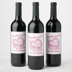 Etiqueta Para Botella De Vino Pink That Chica Heart Coquette Cake Cumpleaños