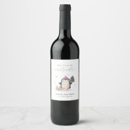 Etiqueta Para Botella De Vino Pink Winter Woodland Skate Penguin Baby Shower