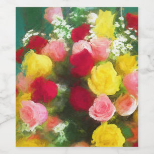 Etiqueta Para Botella De Vino Pintado Rose Bouquet - Arte de Flor Original.