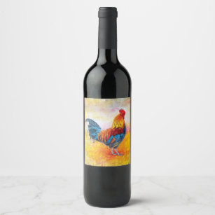 Etiqueta Para Botella De Vino Pintura colorida del arte de Digitaces del gallo