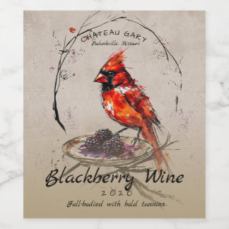 Etiqueta Para Botella De Vino pintura de pájaro cardenal moras zarzamora